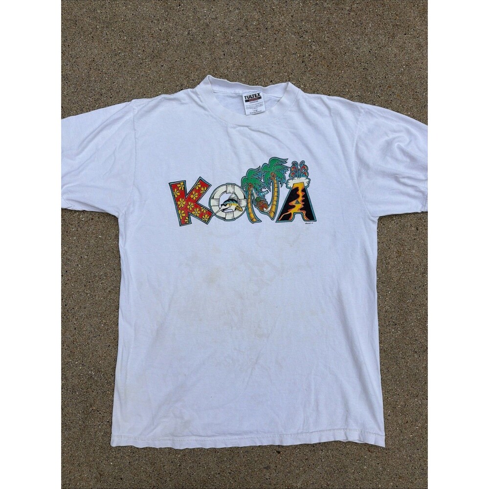 Vintage Tultex Kona Hawaii Island Volcano Tourist Graphic White Large Shirt